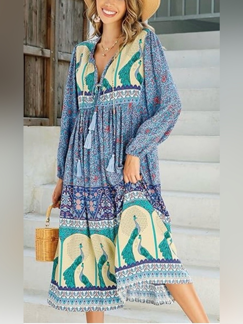 Boho Peacock Print Maxi Dress in Blue 💕 size small